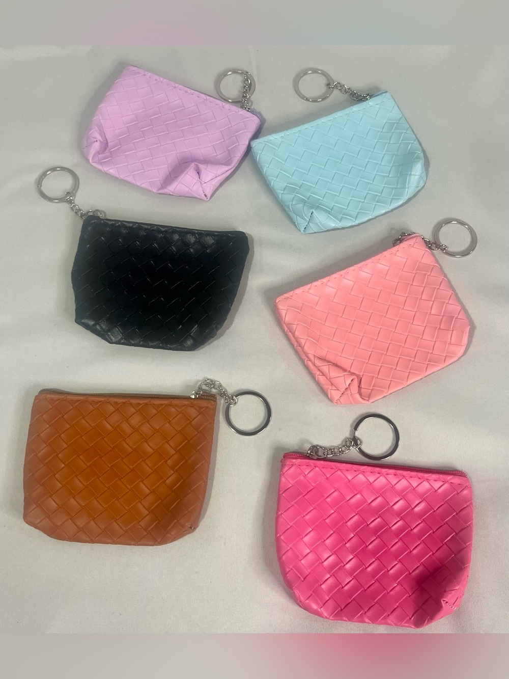 6 Pack Woven Keychain Coin Pouch - Pink, Black, Brown, Lilac, Sky Blue, Hot Pink